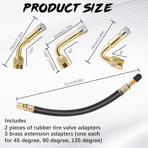 Image of Flexible Tire Valve Extenders 8.25 Inch Universal Valve Stem Extension Valve Adapter with Brass 45 90 135 Degree Valve Stem Extension Adaptor Tool for Bike Motorcycle Car Truck Motorhome Wheel