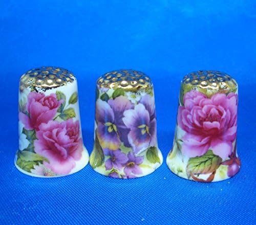 Porcelain China Collectable Thimbles - Set of Three Gold Summer Flowers