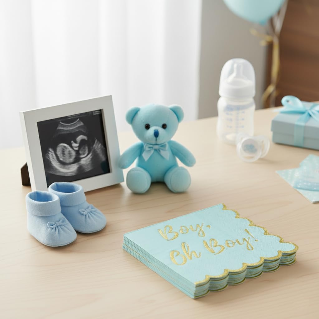 Baby Shower Decorations for Boys, Blue and Gold Oh Boy Napkins, It's A Boy Decor, Gender Reveal Party, Pregnancy Announcements, Welcome Home, Sweet, Elegant and Disposable, 50 Pack