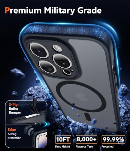 Image of FNTCASE for iPhone 14 Pro-Max Case: Matte Magnetic Phone Cases with Screen Protector Compatible with Magsafe Slim Anti Yellowing Rugged Shockproof Protective Translucent Cell Cover (C-Black)