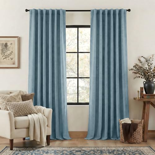 NICETOWN Faux Linen Mist Blue Curtains for Living Room, Pinch Pleated Curtains Room Darkening Window Treatments Thermal Drapes Light/Noise Blocking fo