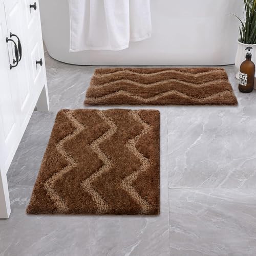 Image of Luxe Home Super Soft Microfiber Bath Mats Non-Slip TPR Backing Scotland Waves Water Soak Bathroom Mat & Door Mats for Home Combo (38x58 cm) - Sea Coffee