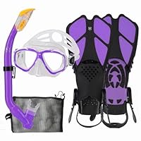 Kids Snorkeling Set with Fins Anti Leak Snorkeling Gear for Kids with Adjustable Flippers, Youth Junior Full Dry Snorkel Set Swimming Goggles with Nose Cover Diving Mask Scuba with Bag, 5-14 Yrs
