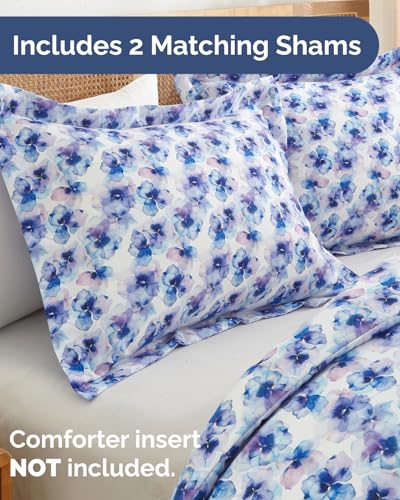 Image of Duvet Cover Cal King Size Set - Extra Soft Floral Duvet Cover 104 x 98 with 2 Pillow Shams - Comfy, Breathable Floral Bedding Set - Hotel Luxury & Fade Free w / Zipper Closures & Ties - Blue Hydrangea