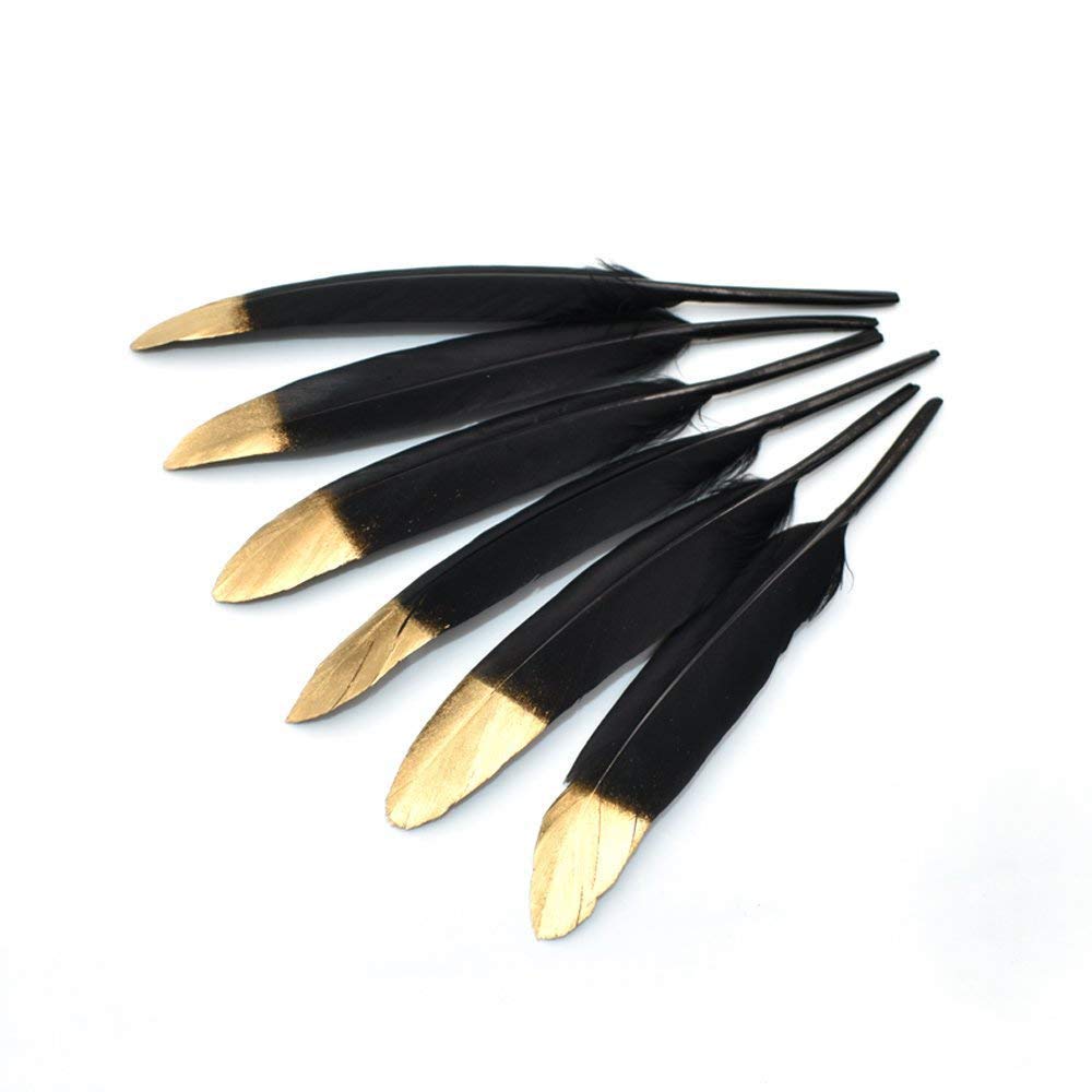40pcs Gold Dipped Black Goose Feather, Natural Real Feather for Various Craft Art Decoration, DIY Dress-ups Party, Headdresses, Wedding, Dream Catcher Accessories, 4-6 inch