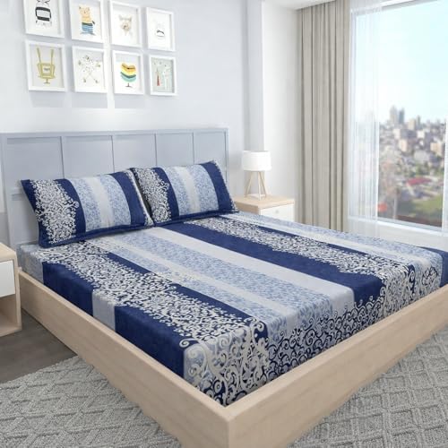 Image of BEVI Home Super Fabric 300 TC Microfiber Double King Size Bedsheet with 2 Pillow Covers - Printed Bedsheet (90x95) Blue Print