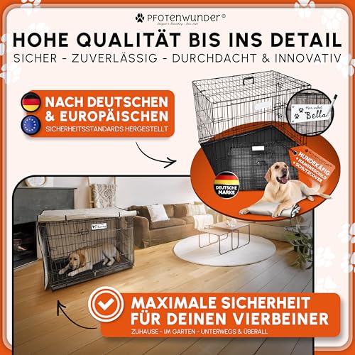 PFOTENWUNDER® Hundekäfig für zuhause, Gitterbox Hund in 3 Größen, 2 Türen + 1 Cover, 1 Trainingsbuch, Tiertransportbox Hundetransportkäfig klappbar, Hunde-Transport-Box Auto Drahtkäfig (107*71*77,5cm)