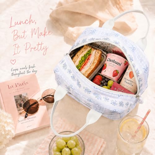 Image of LOVELYWIND Lunch Box for Women, Insulated Lunch Bag, Blue Floral Tote