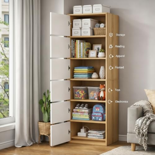 Image of EXVITO Premium Wooden Collapsible Wardrobe with 6 Doors & 6 Spacious Shelves | Modern Foldable Almirah for Clothes, Blankets & Storage - Sun Protection with Anti-Slip Handle - Maple