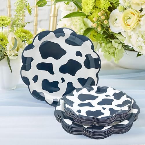 GOGUOGOFA 100Pcs Cow Print Birthday Party Supplies Farm Cow Print Scalloped Paper Plates Set 9& 7 Scalloped Cow Plates for Cow Themed Birthday Party Decorations