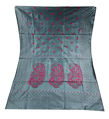 Image of SHRISTI CLOTHINGS Women's Hand Embroidered Cotton Silk Kantha Stitch Saree with Blouse Piece (J420724 GREYD45)
