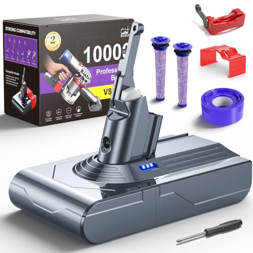 Image of 10000mAh 21.6V Battery Replacement for Dyson V8, 65 Min Runtime, Compatible with SV10 V8 Animal Absolute Motorhead Fluffy Carbon Fiber Car+Boat, Tool-Free Swap Clip & Switch Lock, 2-Yr Warranty