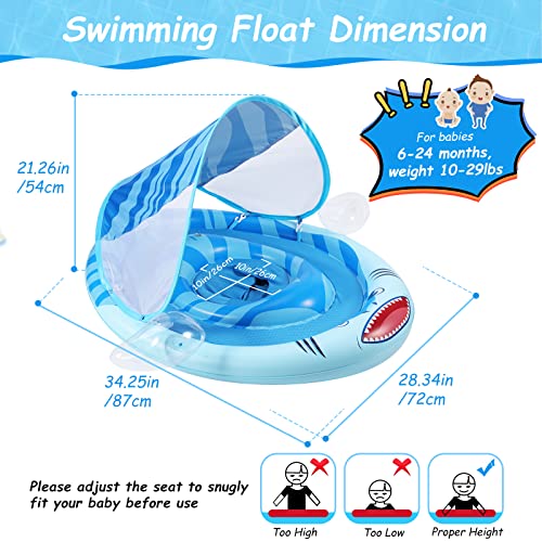 Zooawa Baby Pool Float With Upf Sun Protection Canopy Infant Baby Floats For Pool, Adjustable Safety Seat, Toddler Pool Float For 6-24 Months, Blue Shark #TOP3
