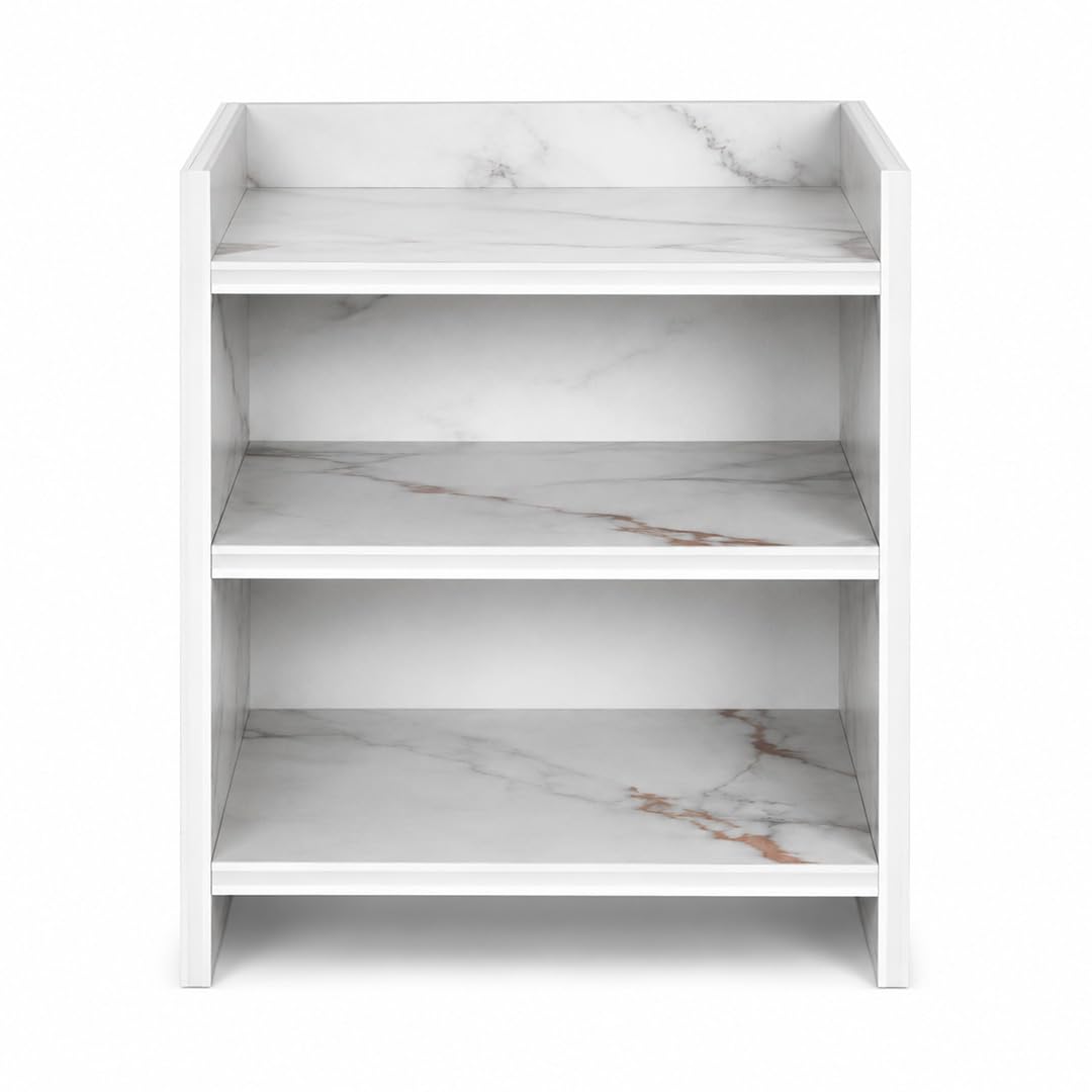 3-Tier Bedside Table with Open Storage Shelves, Modern White Marble | Waterproof Surface, Scratch Resistant, Easy to Clean, Moisture Resistant, Multi-Use Storage-image-48