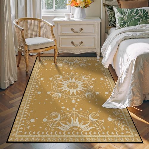 Large Sun and Moon Rug Boho Celestial Area Rugs for Bedroom Dorm Living Room Bohemian Occult Crescent Solar Stars Galaxy Floor Mat Pad Doormat Carpet,71" X 47",Aztec Gold Aztec Gold 4' x 6'