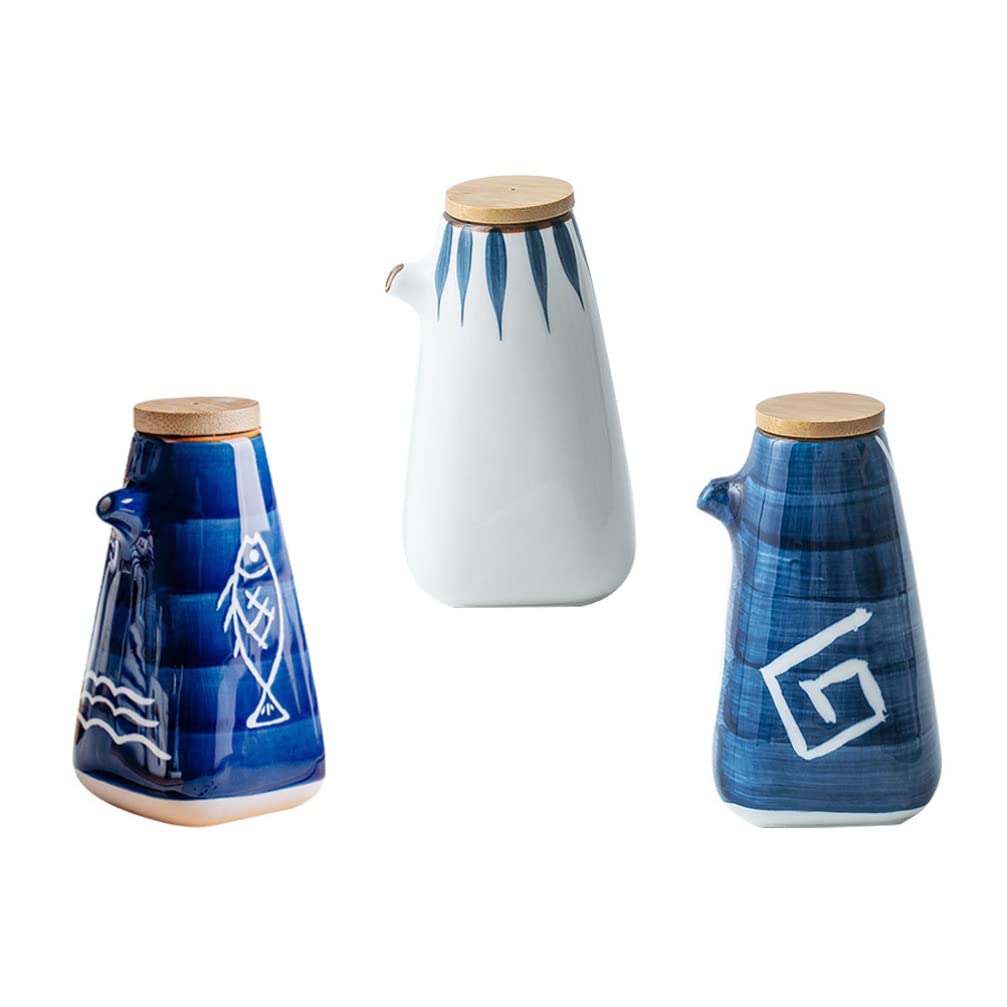 Hemoton Japanese Ceramic Oil Dispenser Bottle 220ML 3Pcs Earthenware Ponzu Vinegar Dispenser with Wood Stopper Pottery Condiment Pourer Pot Shoyu Soy Sauce Cruet