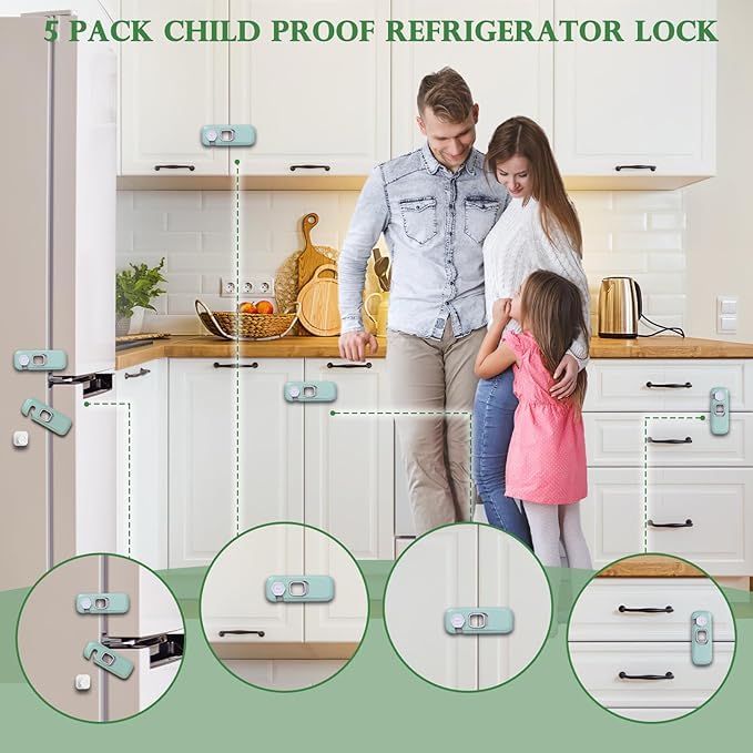 Image of 2 Pack Child Proof Refrigerator Lock, Fridge, Cabinets, Freezer Door Lock Apply to Max 1 inch(25mm) Sealing Strip for Toddlers and Kids, No Tools Need or Drill - Grey (Green, 2) | Self Adhesive, Heavy Duty, Strong Adhesive, 360 Degree Rotating