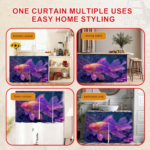 Image of Self Adhesive Purple Goldfish Cabinet Curtain for Mother's Day, 39x28 Inch Underwater Fish Under Sink Skirt No Drill, Spring Cleaning Kitchen Decor, Hook and Loop Laundry Valance