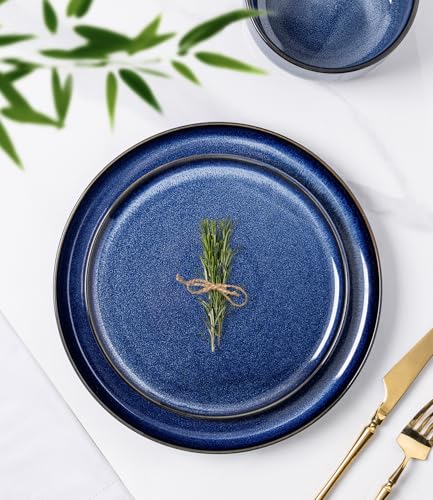 Image of TheTerra Ceramic Dinnerware Sets for 4, 12 Pieces Handmade Reactive Glaze Plates and Bowls Set, Scratch Resistant Dish Set, Oven & Microwave & Dishwasher Safe, Blue