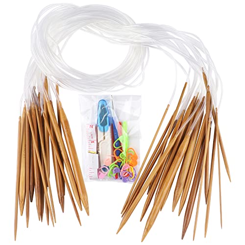 輪針セット 編み針 炭化竹製輪針 長さ100cm 18本セット 2.0mmから10.0mm グッズ道具付き 編み棒 手あみ針 手芸道具 手編み道具