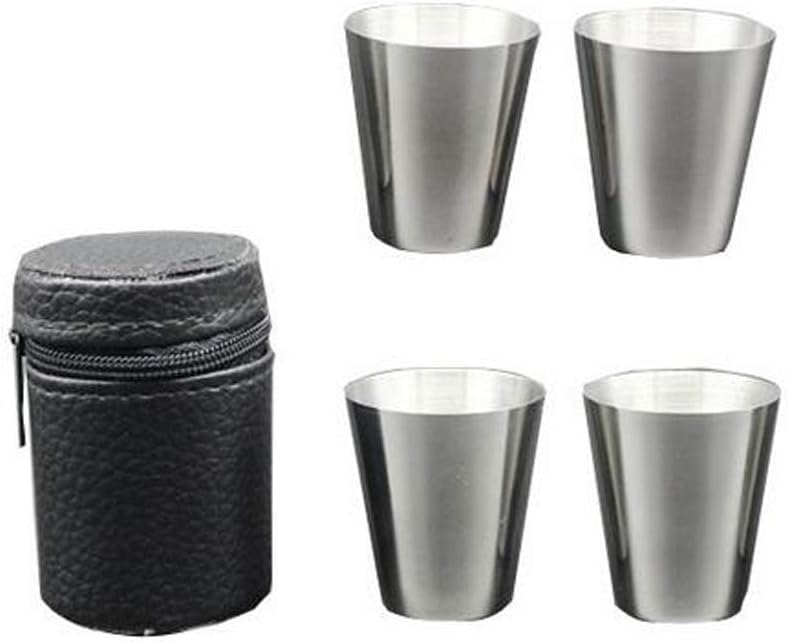 4 Pieces 30ml (1oz) Stainless Steel Shot Cups Shot Glass Drinking Vessel with One Black PU-Leather Carrying Case Outdoor Camping Travel Coffee Tea Cup, Silver Cup, Black Case