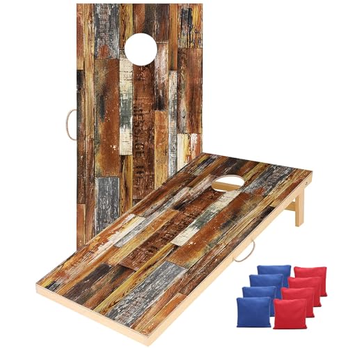 Shevvi Tableros Cornhole de madera maciza de 4 x 2 pies, tamaño reglamentario, grano de madera impreso en ambos lados, juego de Cornhole de madera de primera calidad, 8 bolsas de Cornhole, juegos de