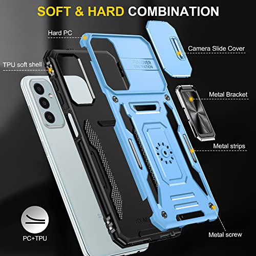 Image of Polycarbonate Slide Camera Cover with Ring Holder Mobile Phone Back Cover for Samsung Galaxy M13 4G (Blue)