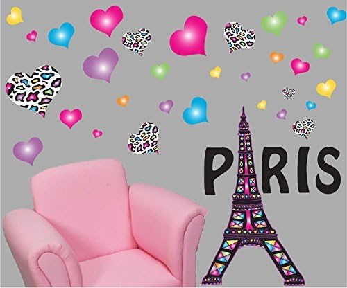 Girls Paris Wall Decals Paris Wall Stickers Eiffel Tower Wall Decals with 30 Multicolored and Leopard Print Hearts