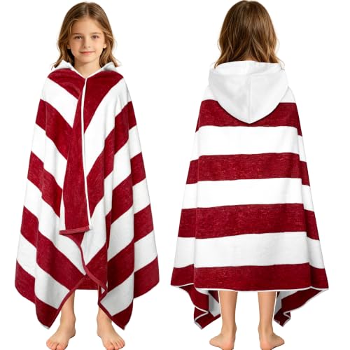 VOOVA & MOVAS Hooded Bath Towels 8 Years Up 100% Cotton,Burgundy Stripe