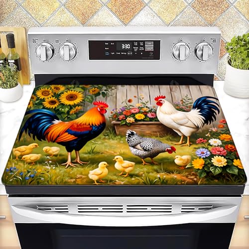 Image of Stove Top Cover for Electric Stove 28 inchx 20 inch, Vintage Farm Roosters Chicken Sunflower Heat Resistant Glass Top Stove Cover Protector, Glass Cooktop Covers, Kitchen Electric Flat Stove Top Covers