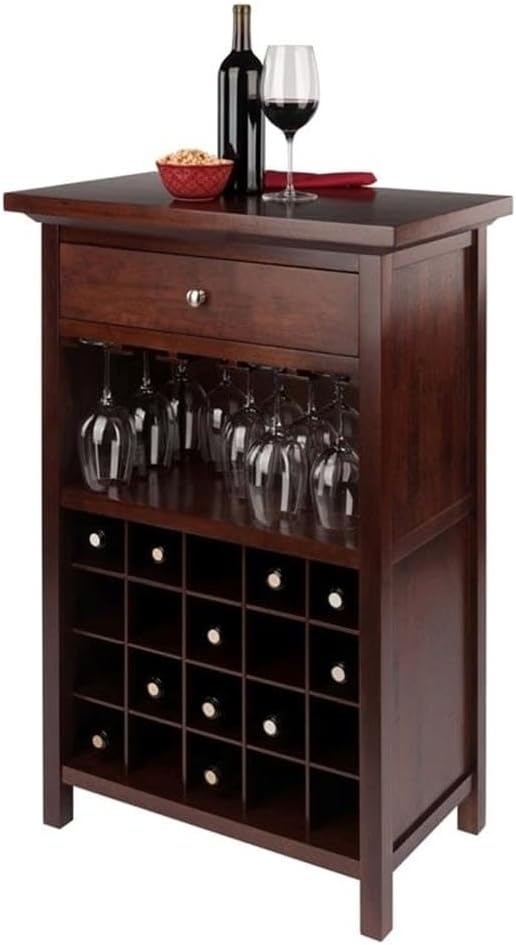 Pemberly Row Transitional Solid Wood Wine Cabinet, 20-Bottle Capacity, Antique Walnut Finish, 40.35" H x 26.57" W x 15.75" D, Glass Storage Drawer, Home Bar Furniture for Wine Accessories and Glasses