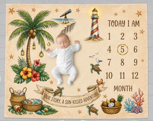 Image of Baby Monthly Milestone Photoshoot Blanket with Milestone Cards, Cotton, 115x95 cm, Animal Theme, 1-12 Months (Coconut Tree)