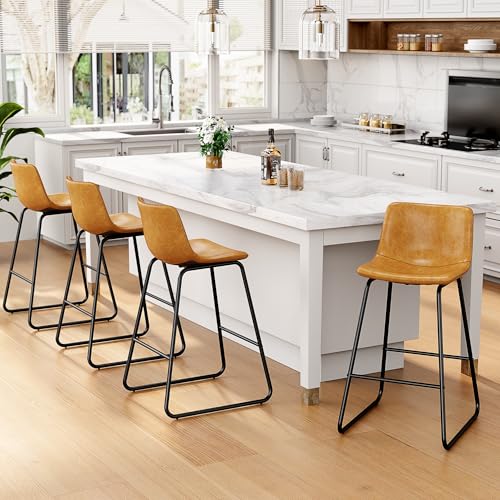 Image of REONEY Bar Stools Set of 3, 26 inch Faux Leather Counter Height Stools, Brown