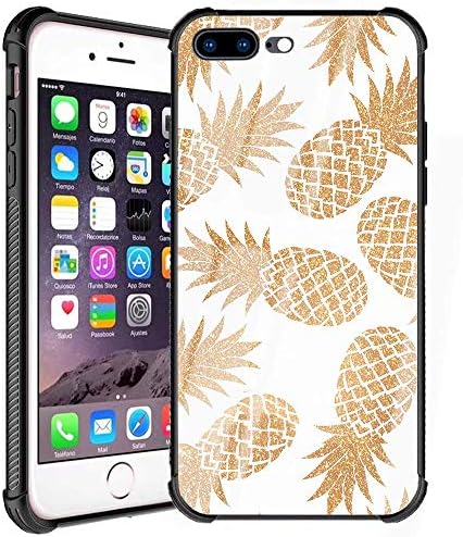 iPhone 7 Plus Cases Pineapple Gold iPhone 8 Plus Case for Girls Women Cute Design Slim Fit Tempered Glass White Back Cover with Soft Silicone TPU Shockproof Bumper Case for iPhone 7Plus/8 Plus 5.5inch