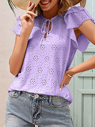 Domary Blusa feminina decote em V com cordão manga borboleta oco para fora orifícios camisa blusa ca