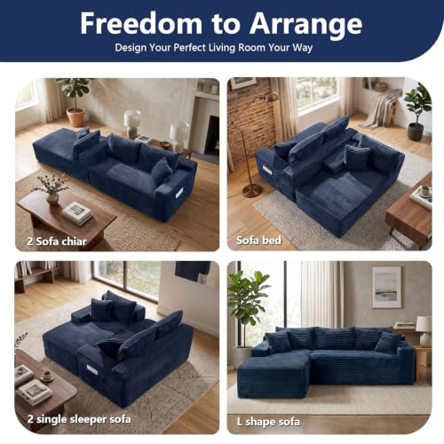 Image of 106.3 inch L Shaped Boneless Sectional Corduroy Couches for Living Room (Blue)