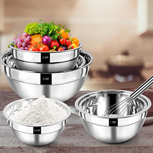 Foto von Wildone Rührschüssel Set, Edelstahl Schüssel 7er set mit luftdichten Deckeln, Stapelbar, Spülmaschinenfest, Größe 5, 3.5, 2.5, 2, 1,5, 1, 0,67 QT, ideal zum Mischen und Servieren
