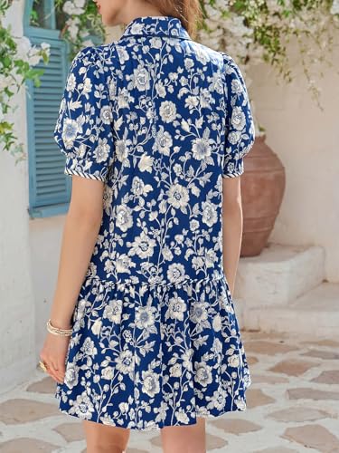 Wenrine Womens Mini Dress Summer Casual Short Puff Sleeve Floral Collared V Neck Loose Button Down Shirt Dress with Pockets Navy — view 5