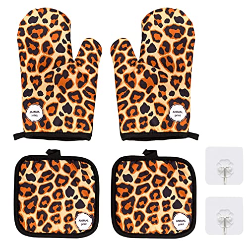 Gant Cuisine à Pizza en Coton Double Épaisseur Gants de Cuisson à Micro-Ondes à Imprimé Léopard avec Crochets (2 Gants + 2 Tampons Isolants)