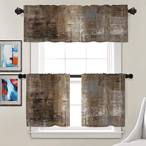 Batmerry Brown Abstract Art Tier Curtains, Grey Acrylic Window Treatment Short Kitchen Curtain Multilayer Polyester Blackout For Living Room/Bathroom, 2 Pack 26X24 Inches #TOP1