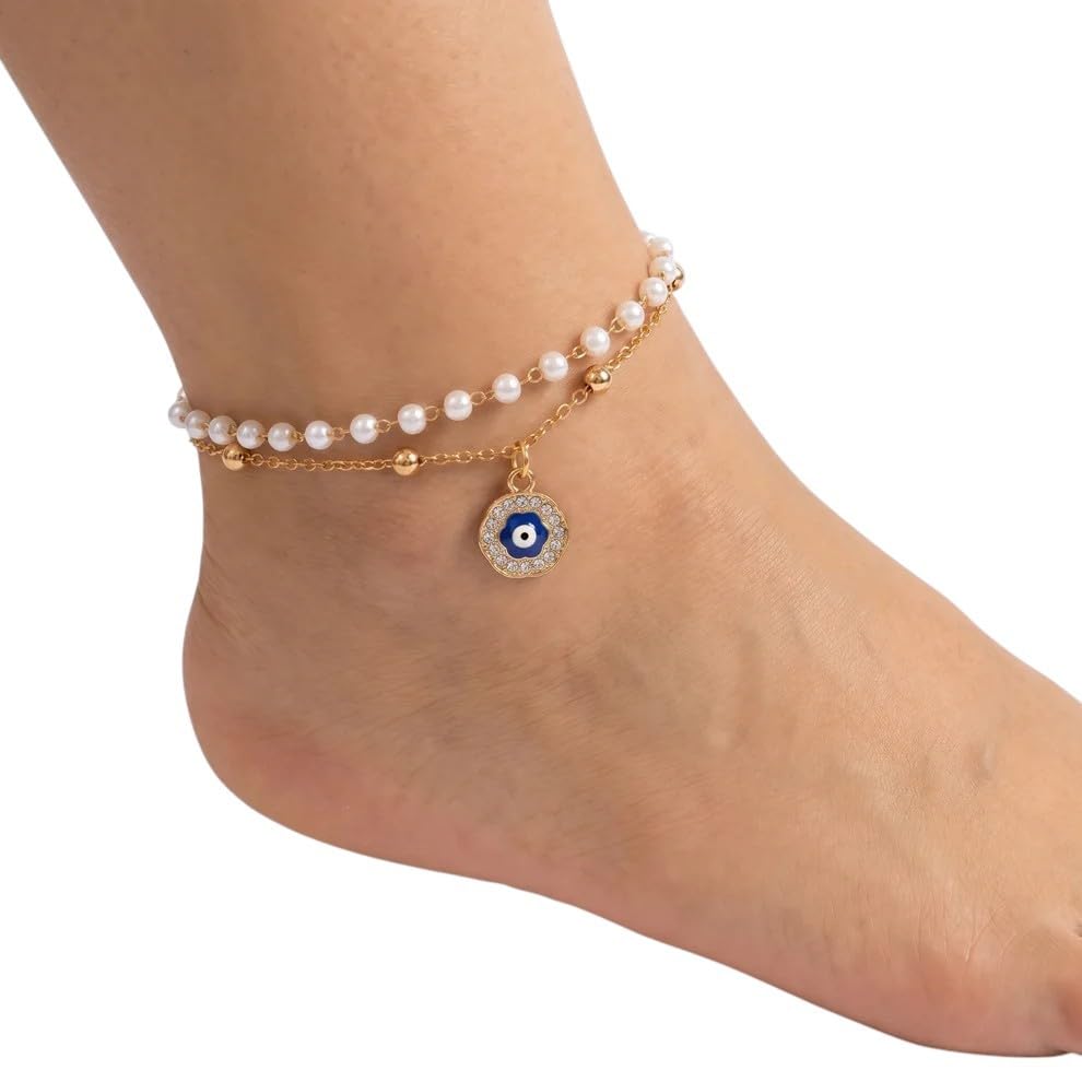 Hridya Collections Layered Evil Eye Anklet for Women, Gold-Toned, Pearl Beaded Chain, Anti-Tarnish-image-32