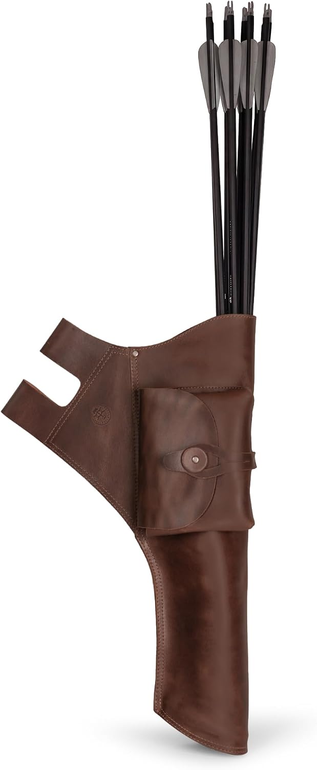 Leather Arrow Quiver with Extra Pocket, Hip Quiver with Belt Loops, Vintage Holder for Recurve Bow, Waist Quivers for Target Archery, Side Bag for Arrows, Carrier for Archers