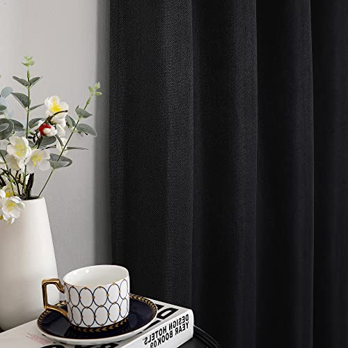 Lecloud Total Blackout Curtains For Bedroom, 2 Panels Thermal Insulated Noise Reducing Grommet Bedroom Living Room Curtains 96 Inch Long, Black Classic Herringbone Textured Curtains With Liner #TOP4