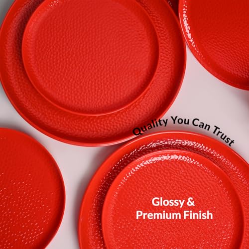 Image of MARKET 99 Heavy-Duty Red Hammered Melamine Dinner Set 12 Pieces | 4 Dinner Plates 4 Side Plates 4 Soup Bowls | Glossy Finish Durable Tableware for Daily Dining Home Kitchen