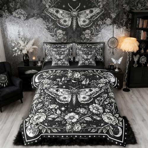 Erosebridal Gothic Bed in a Bag Queen Comforter Set 7 Piece | Butterfly Bedding Sets Rustic Aesthetic Animal Comforter and Sheet Set, Galaxy Vintage Floral Bed Sets Black Goth Decor
