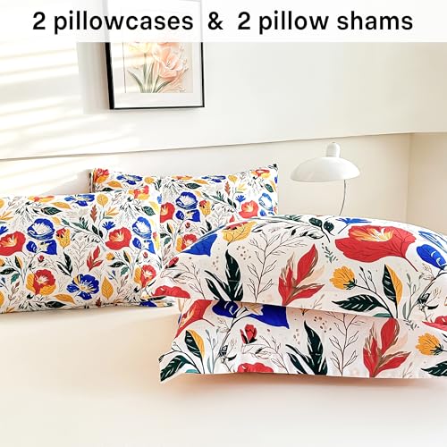 Image of lasoftan Floral Queen Comforter Set with Sheets, 7 piece Luxury Vintage Bedding, Soft Microfiber Bed in a Bag, Cozy Lightweight Bed Set, Blue Orange Flower