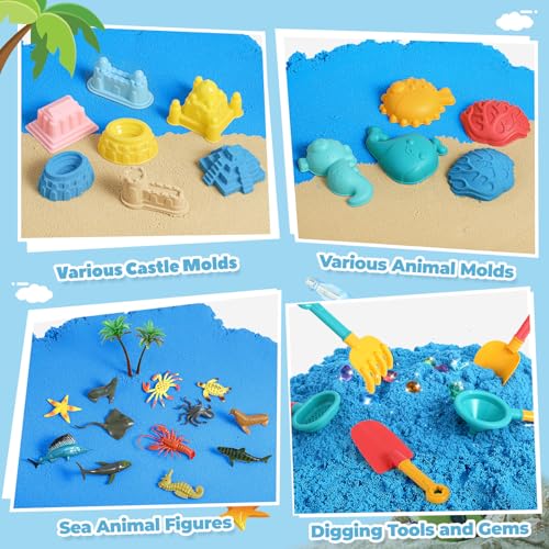 FRUSE Kinetischer Toy Sand,Spielsand Sandspielzeug mit 1 KG Magic Toy Sand,12 Meerestiere Spielzeug,10 Sandformen,Sandkasten mit Deckel,Sensorische Spielzeug für Kind ab 3 4 5 6 7 8 9