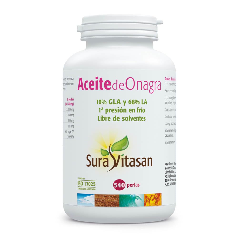 SURA VITASAN Aceite de Onagra 500 mg 540 Perlas Primera Presión en Frío | 68% LA y 10% GLA con Vitamina E, para Equilibrio Hormonal Femenino, Confort en Ciclo Menstrual y Salud de Piel