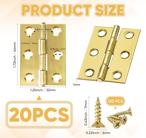 Anstore 20 złotych zawiasów drzwiowych, 44 x 32 x 1 mm, zawiasy ze stali nierdzewnej, składane zawiasy do fortepianu, 120 śrub, 6 x 11 mm, małe zawiasy do drzwi drewnianych, okien, szaf, mebli