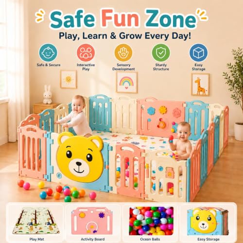 Image of Hukimoyo Large Baby Playpen 20 Panels /45 Sq Ft Play Area Indoor Setup with Mat ,balls | Play Yard for Babies 0-3 Years with Padded Boundary |Indoor Outdoor Toddler , infant fence Activity Center with Safety Door Lock & Suction Cups (6 * 7.5 FT)